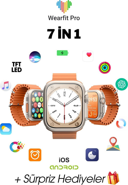 Wearfit 7İn1 Akıllı Kol Saati Smart Watch 7 Kordonlu Model inç 49 mm Tft Ekran Gri