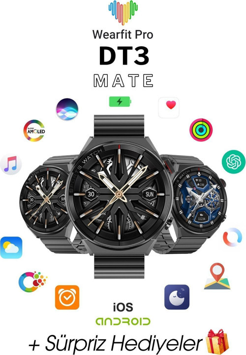 Wearfit Dt3 Mate Akıllı Kol Saati Yuvarlak Model 1.5 inç 37 mm Amoled Ekran Siyah