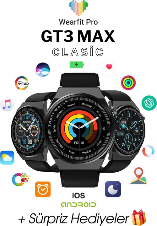 Wearfit Gt3 Max Clasic Akıllı Kol Saati Yuvarlak Model 1.5 inç 37 mm Amoled Ekran Siyah