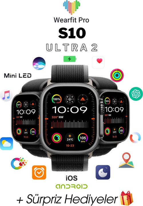 Wearfit S10 Ultra 2 7 Kordonlu Akıllı Kol Saati Smart Watch Miniled Ekran Siyah 49 mm