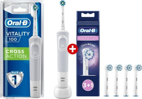 D100 Vitality Cross Action Beyaz Elektrikli Diş Fırçası + Oral- B Sensitive Clean 3+1 Yedek B