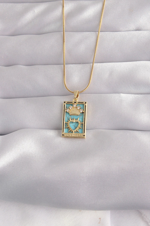 316L Çelik Gold Renk Zirkon Taşlı Mavi Mineli Taçlı Kalp Figür Tarot Kolye - TJ-BKO9038