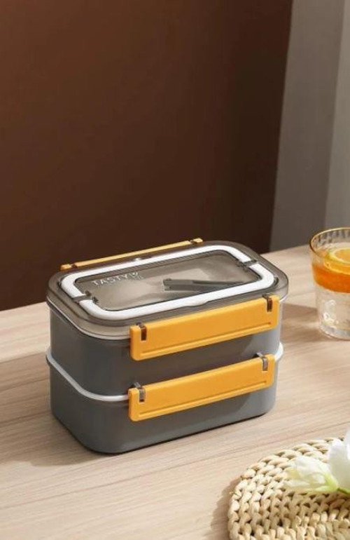 Bento 1600ML Lunchbox Yeni Koleksiyon 2 Katlı 4 Bölmeli Çelik Sefer Tası Yemek Kutusu Gri