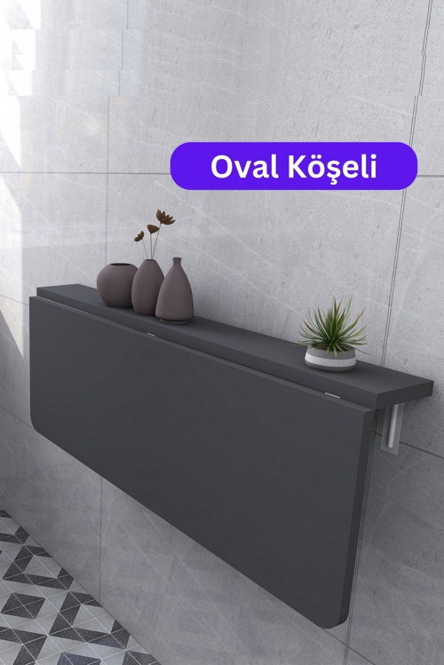 90X60 Cm Oval Köşeli Antrasit Renk Sabit Raflı Duvara Monte Kırma Katlanır Yemek Masası
