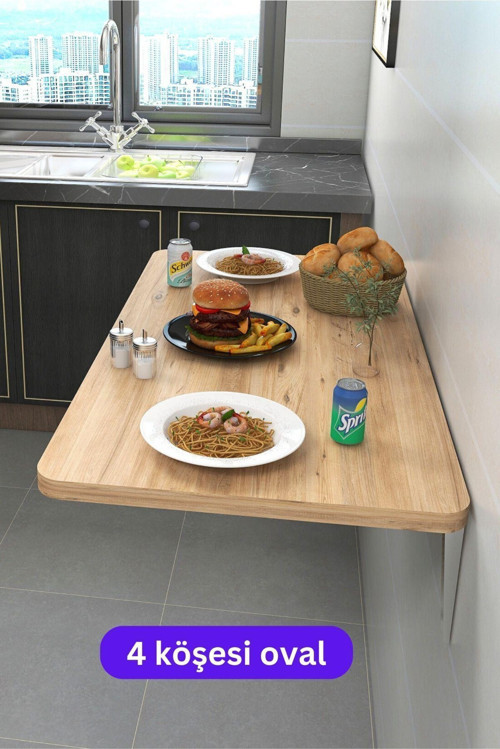 45X90 Cm 4 Köşe Oval Çam Ahşap Desenli Duvara Monte Kırma Katlanır Yemek Masası