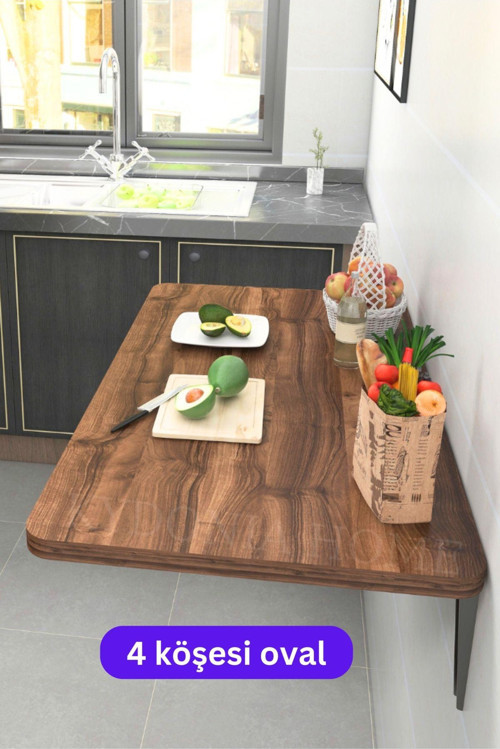 45X90 Cm 4 Köşe Oval Ceviz Ahşap Desenli Duvara Monte Kırma Katlanır Yemek Masası