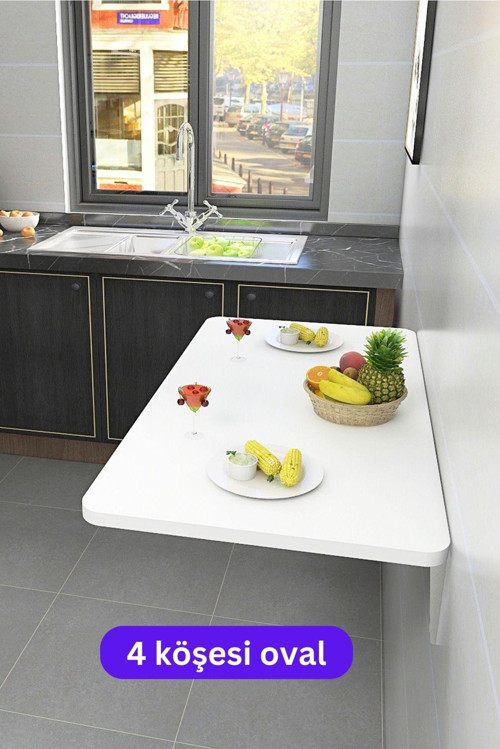 45X90 Cm 4 Köşe Oval Mat Beyaz Duvara Monte Kırma Katlanır Yemek Masası