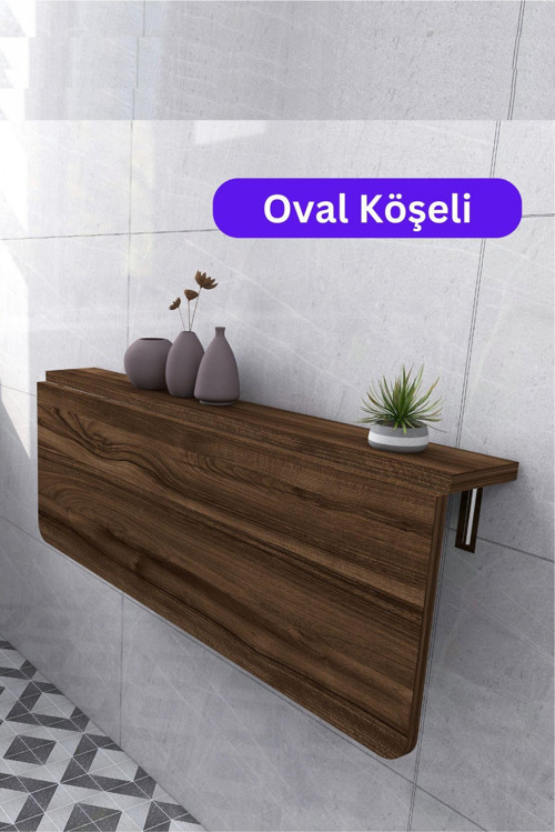 45X90 Cm Oval Köşeli Ceviz Ahşap Desenli Sabit Raflı Duvara Monte Kırma Katlanır Masa