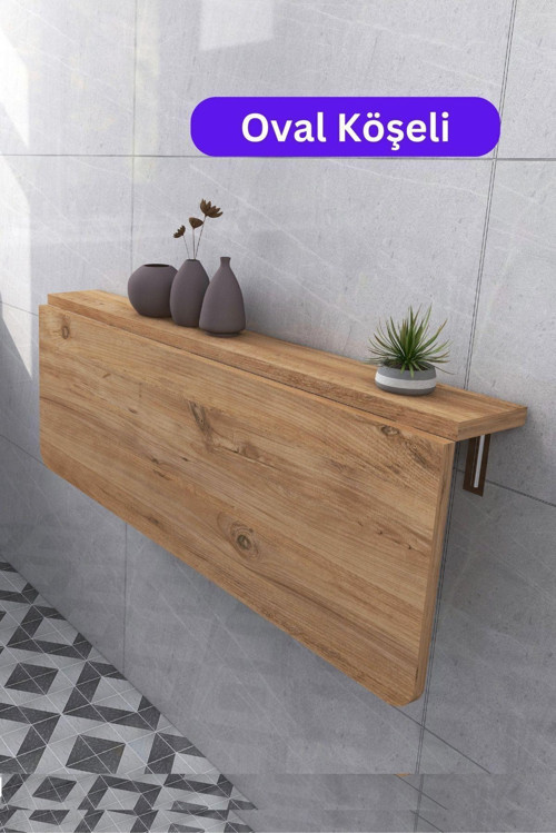 60X90 Cm Oval Köşeli Çam Ahşap Desenli Sabit Raflı Duvara Monte Kırma Katlanır Masa