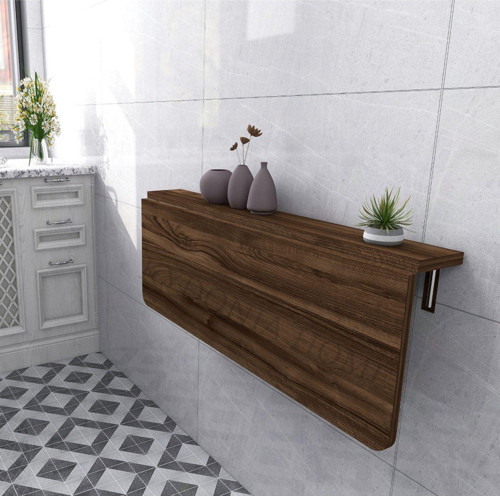 60X90 Cm Raflı Mdf Ahşap Ceviz Desenli Oval Köşeli Duvara Monte Kırma Katlanır Raflı Mutfak Masası