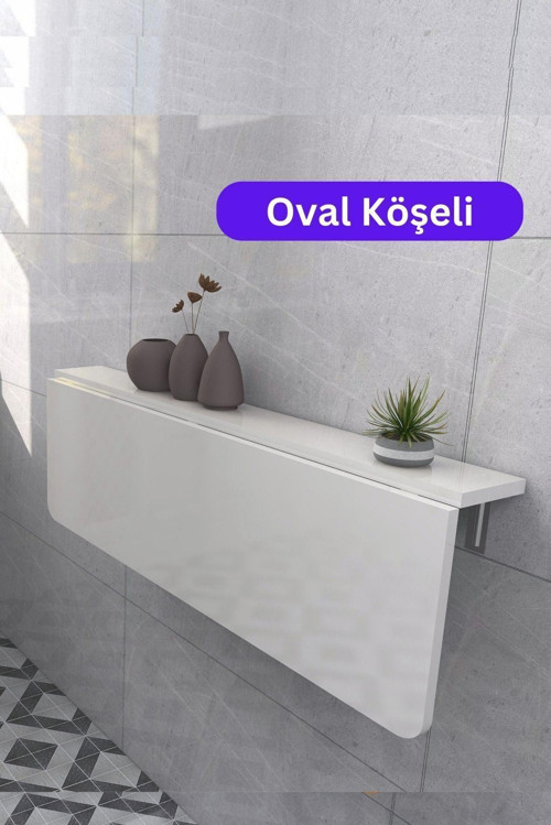 70X45 Cm Oval Köşeli Sabit Raflı Duvara Monte Kırma Katlanır Yemek Masası