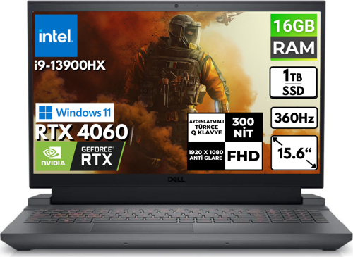 G15 5530 i9-13900HX 16-GBDDR5 1 TBSSD RTX 4060 15.6" FHD Windows 11 Pro Taşınabilir Bilgisayar G155530017U BT5