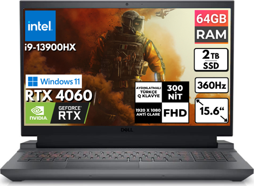 G15 5530 i9-13900HX 64-GBDDR5 2 TBSSD RTX 4060 15.6" FHD Windows 11 Pro Taşınabilir Bilgisayar G155530017U BT19
