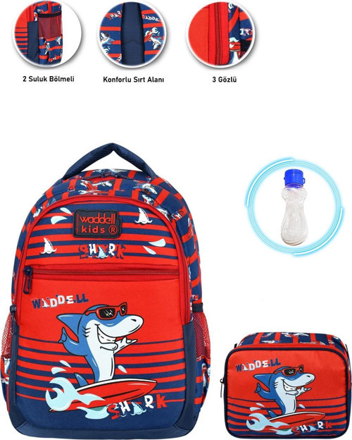 Sörfçü Shark Okul Çantası + Beslenme + Suluk Balık Çanta Erkek İlkokul Çanta Köpek Balığı Çanta