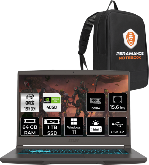 Thin 15 Intel Core i7 12650H 64GB 1TB SSD 15.6" FHD 144Hz W11P Bilgisayar 12VE-1892XTR & PER4 Çanta 12VE1892XTRP448