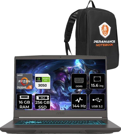 Thin A15 AMD Ryzen 5 7535HS 16GB 256GB SSD 15.6" FHD 144Hz FDOS Bilgisayar B7UC-077XTR & PER4 ÇANTA B7UCP306