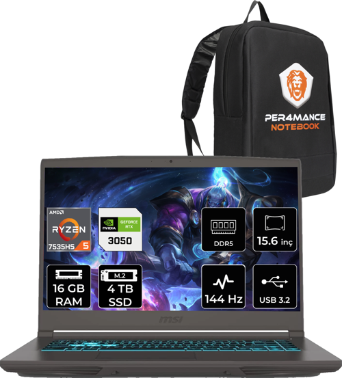 Thin A15 AMD Ryzen 5 7535HS 16GB 4TB SSD 15.6" FHD 144Hz FDOS Bilgisayar B7UC-077XTR & PER4 ÇANTA B7UCP310