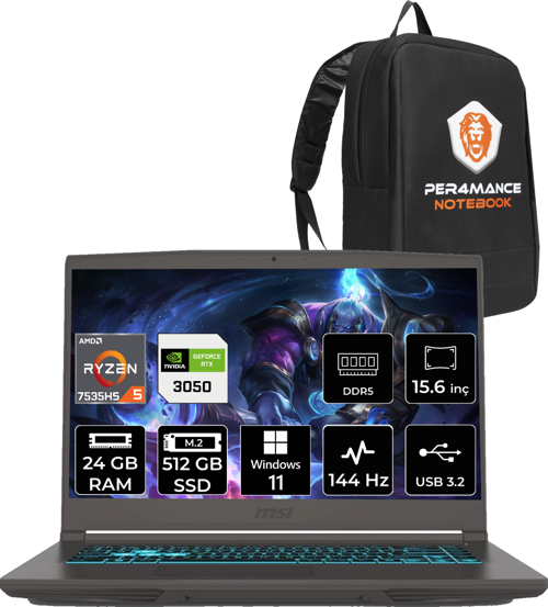 Thin A15 AMD Ryzen 5 7535HS 24GB 512GB SSD 15.6" FHD 144Hz W11H Bilgisayar B7UC-077XTR & PER4 ÇANTA B7UCP352