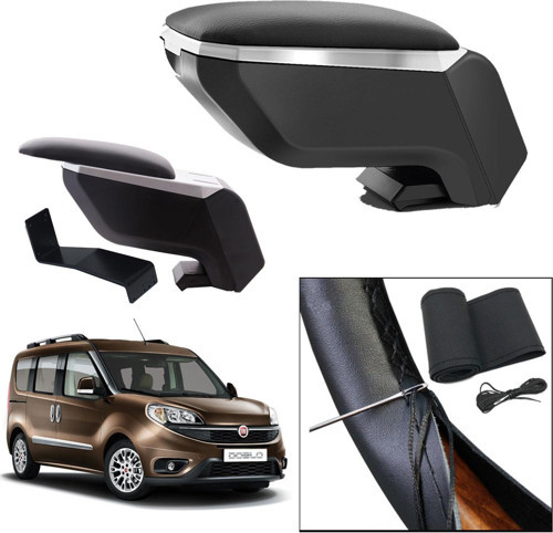 Lüks Set Fiat Doblo 2 2017 Delmesiz Çelik Ayaklı Gri-Siyah Kolçak Kol Dayama, Direksiyon Kılıfı