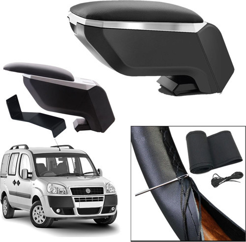 Lüks Set Fiat Doblo 2006 Delmesiz Çelik Ayaklı Gri-Siyah Kolçak Kol Dayama, Direksiyon Kılıfı