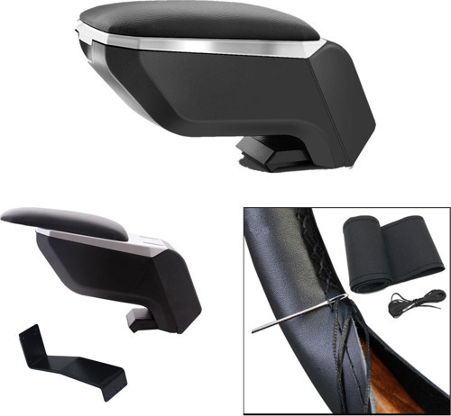 Lüks Set Hyundai i20 2009 Delmesiz Çelik Ayaklı Gri-Siyah Kolçak Kol Dayama, Direksiyon Kılıfı