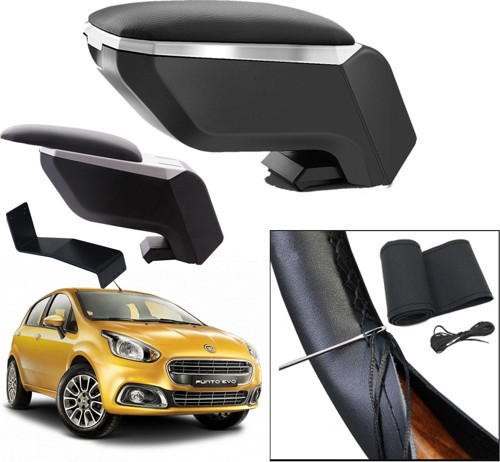 Lüks Set Fiat Punto Evo 2017 Delmesiz Çelik Ayaklı Gri-Siyah Kolçak Kol Dayama, Direksiyon Kılıfı