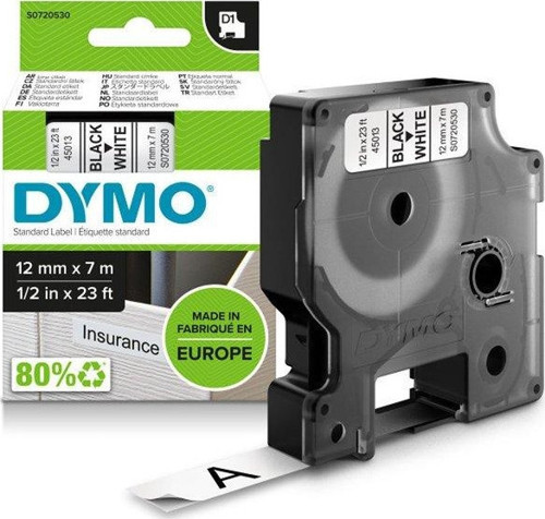 D1 12 mm x 7 mt Siyah / Beyaz Yedek Şerit 45013