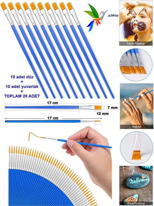 20 Adet Fırça 10 Adet Düz + 10 Adet Yuvarlak Uçlu