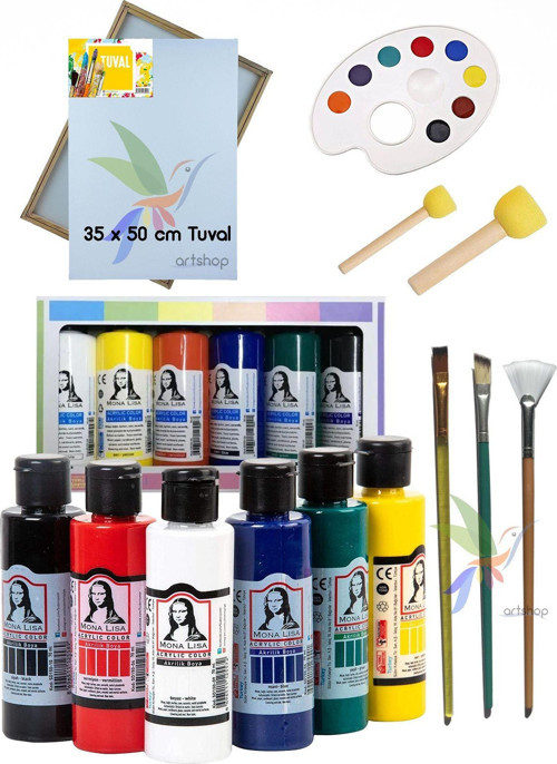 Südor 6X70 Ml Ana Renk Akrilik Boya, 35X50 Cm 1.Sınıf Tuval Yelpaze Düz Kesik Fırça, Ponpon, Palet