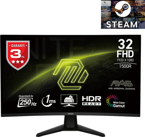 MAG 32C6X 31.5 1920x1080 250Hz 1ms HDMI DP Curved Touch Adaptive Sync Curve 1500R Gaming Monitö