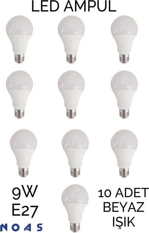 10 Adet 9 Watt E27 Duylu Led Ampul - Beyaz Işık- 10'Lu Paket