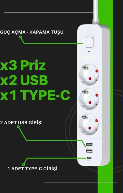 Fulltech Termal Akım Korumalı Uzatma Kablosu 3x Soket 1x TypeC 1.8M 3680W FTR-16 2