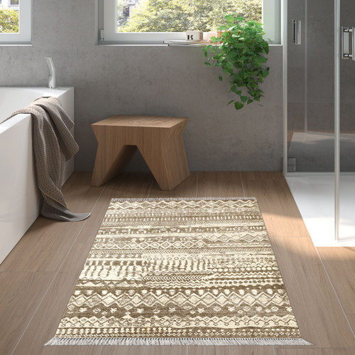 Kaymaz Taban Djt Banyo Halısı Yıldız Deri Saçaklı İskandinav F5080 Gri