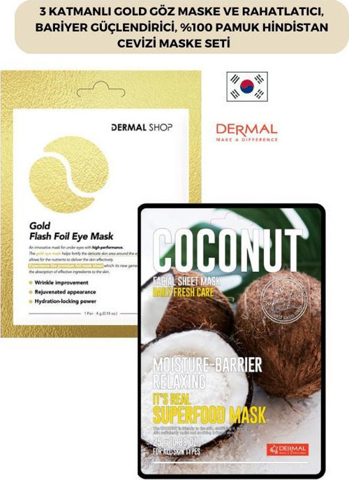 3 Katmanlı Gold Göz Maske ve Rahatlatıcı, Bariyer Güçlendirici, %100 Pamuk Hindistan Cevizi Maske Seti