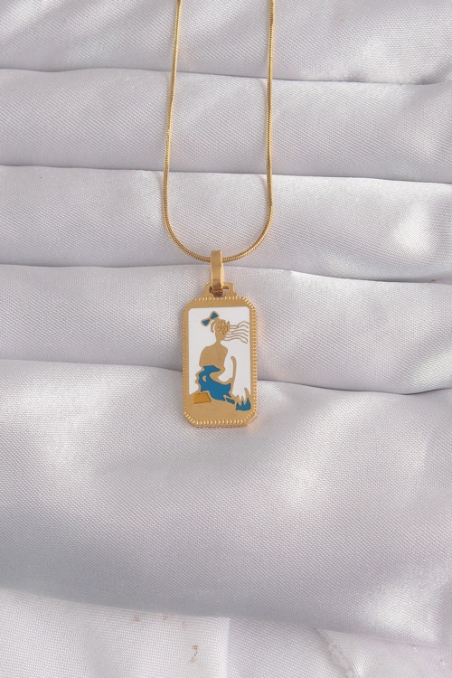 316L Çelik Gold Renk Beyaz Mineli Kız Figür Tarot Kolye - EBJ240912W27731
