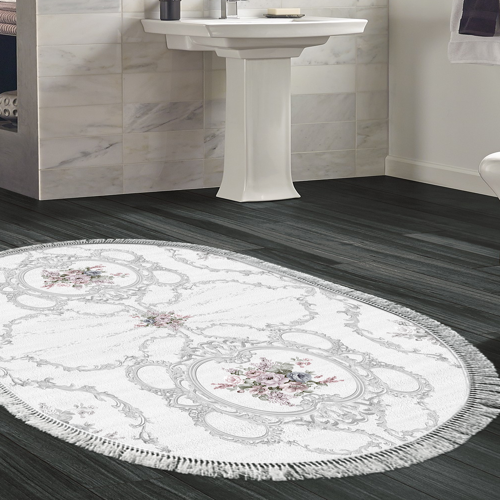 Kaymaz Taban Djt Banyo Halısı Yıldız Deri Saçaklı Oval Modern 1494 Gri
