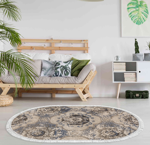 Kaymaz Taban Djt Salon Halısı Yıldız Deri Saçaklı Oval Modern 1903M Krem