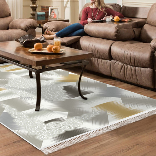 Kaymaz Taban Djt Salon Halısı Yıldız Deri Saçaklı Modern S1030 Krem