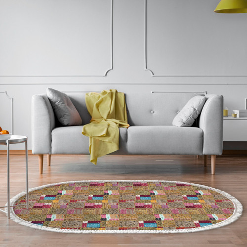 Kaymaz Taban Djt Salon Halısı Yıldız Deri Saçaklı Oval Modern 2155M Renkli