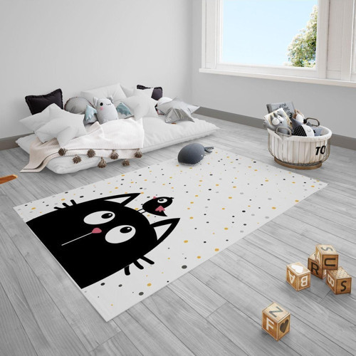Renkli Puantiye Kedi Kuş Çocuk Bebek Odası Halısı