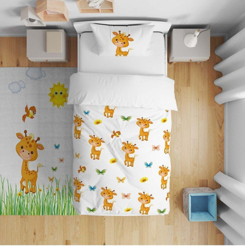 Yatak Örtüsü Sevimli Zürafa 140x220 - Yastık Kılıfı Hediye