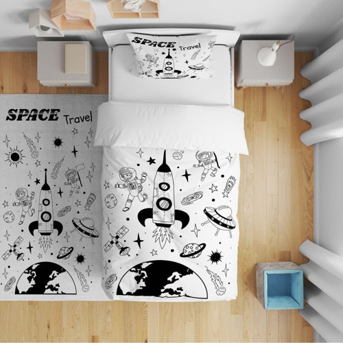 Yatak Örtüsü Uzay Gemisi Astronot Ufo 140x220 - Yastık Kılıfı Hediye