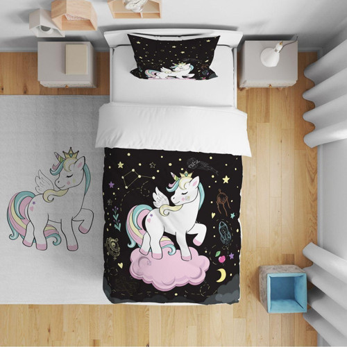 Yatak Örtüsü Unicorn Kanatlı Beyaz Pony At Yastık Kılıfı Hediye