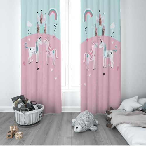 1 Kanat Çocuk Odası Perdesi Fon Perde Unicornlu Atlar Şato Gökkuşağı