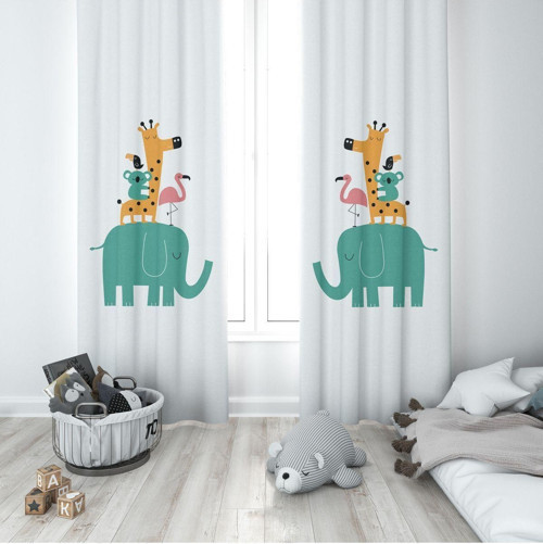1 Kanat Çocuk Odası Perdesi Fon Perde Fil Flamingo Koala Zürafa Karga