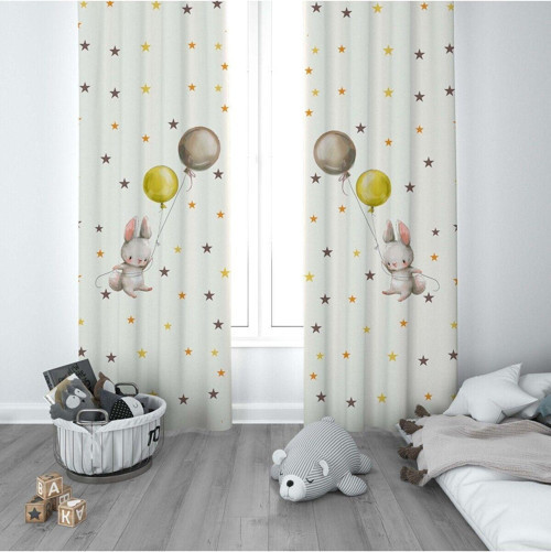 1 Kanat Çocuk Odası Perdesi Fon Perde Yıldızlı Balon Tutan Tavşan