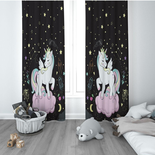 1 Kanat Çocuk Odası Perdesi Fon Perde Pembe Bulutlu Yıldızlı Unicron