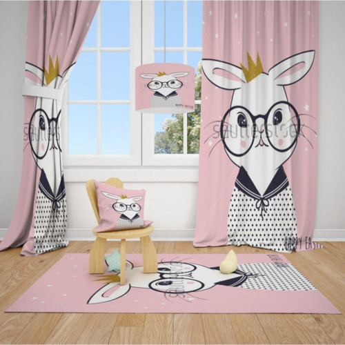 2 Kanat Gözlüklü Tavşan ,taç , Yıldız Çocuk Bebek Odası Perdesi Fon Perde