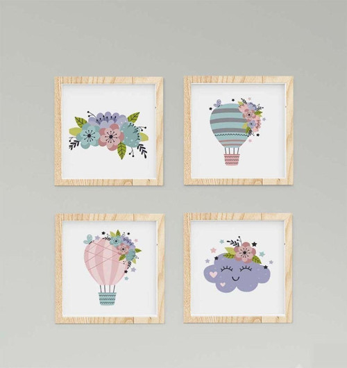 Çocuk Bebek Odası Tablo Bulutlu Uçan Balon Çiçekler