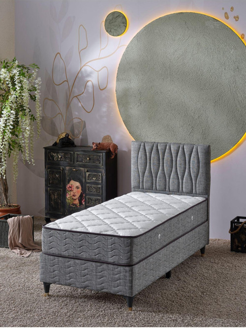 Almula 90x190 Tek Kişilik (Baza+Başlık+Yatak) 3 Lü Set (Keten Gri)